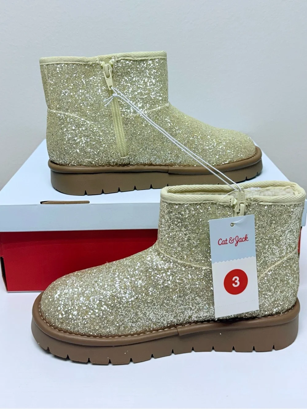 Cat & Jack Girls Size 3 Gold Glitter Ankle Boots Faux Suede Style Honor Boots